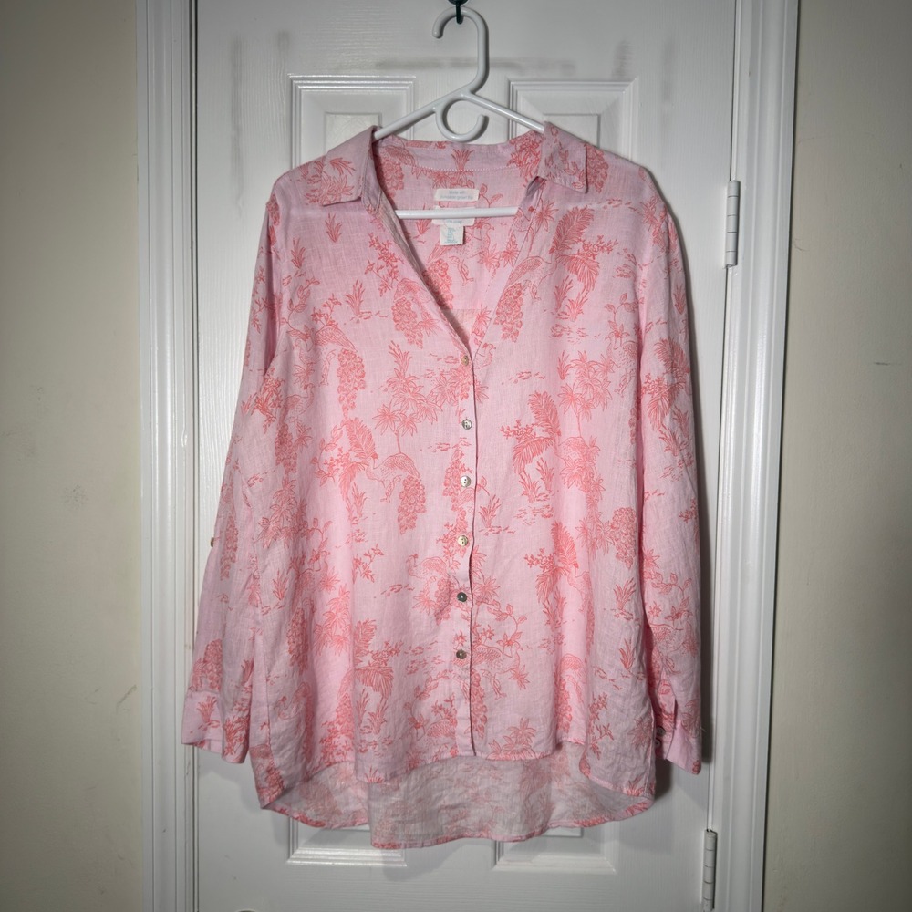 Cynthia Rowley Linen Button Down Shirt Pink Peacock Botanical Long Sleeve Top L